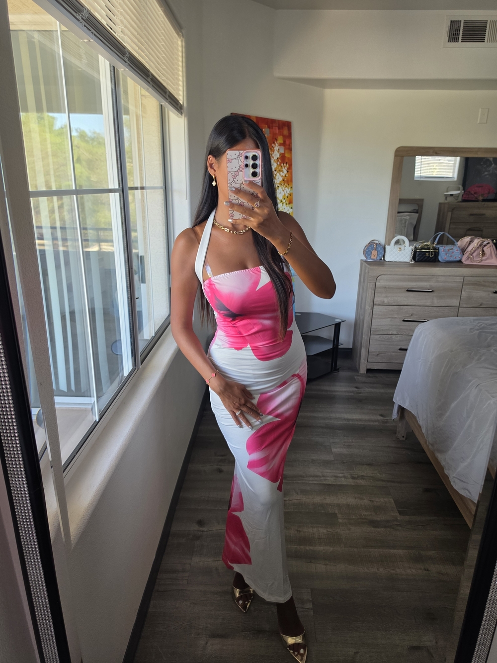 Halter Maxi Dress with Pink Floral Print